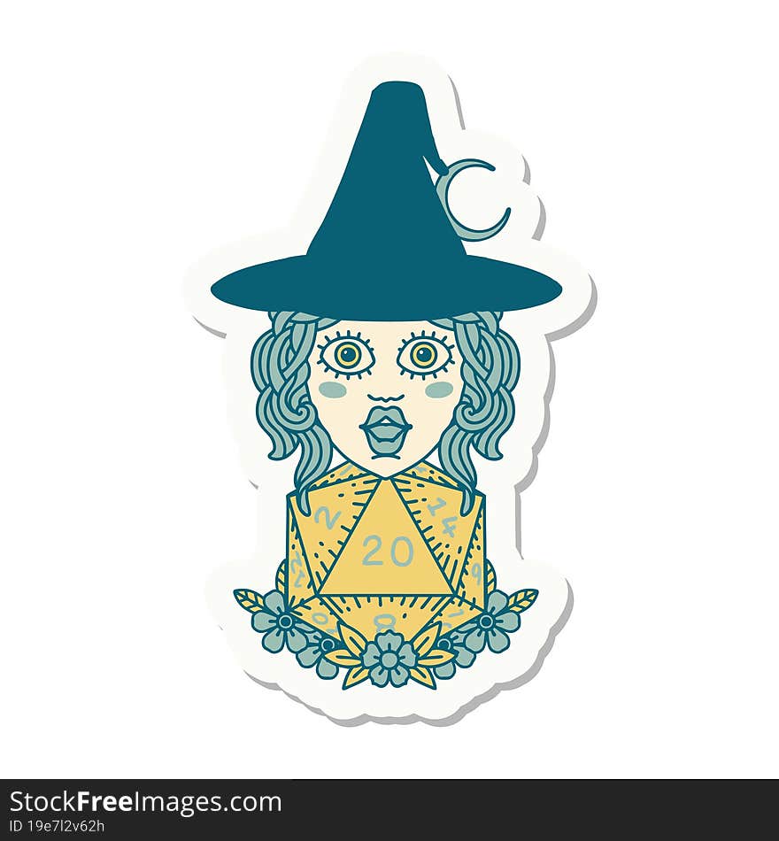 human witch with natural twenty dice roll sticker