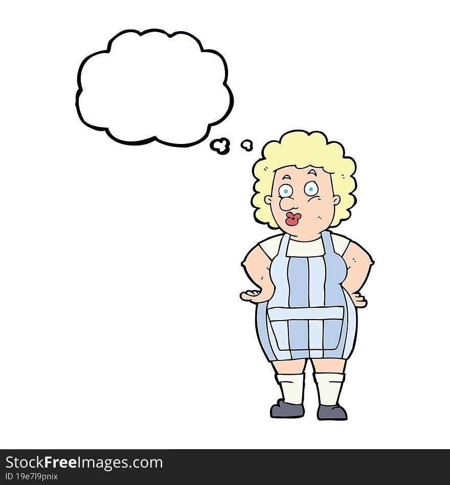 cartoon woman in kitchen apron with thought bubble