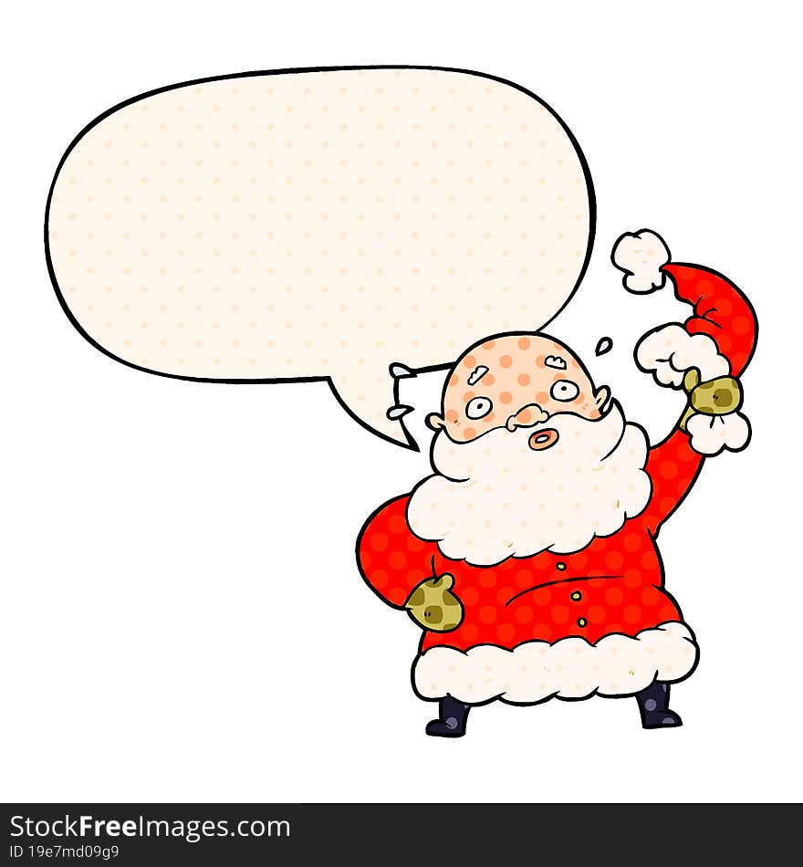 cartoon santa claus waving his hat with speech bubble in comic book style