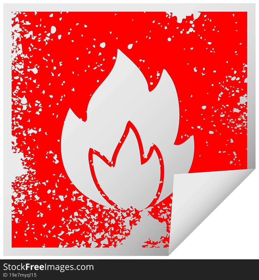 distressed square peeling sticker symbol of a fire