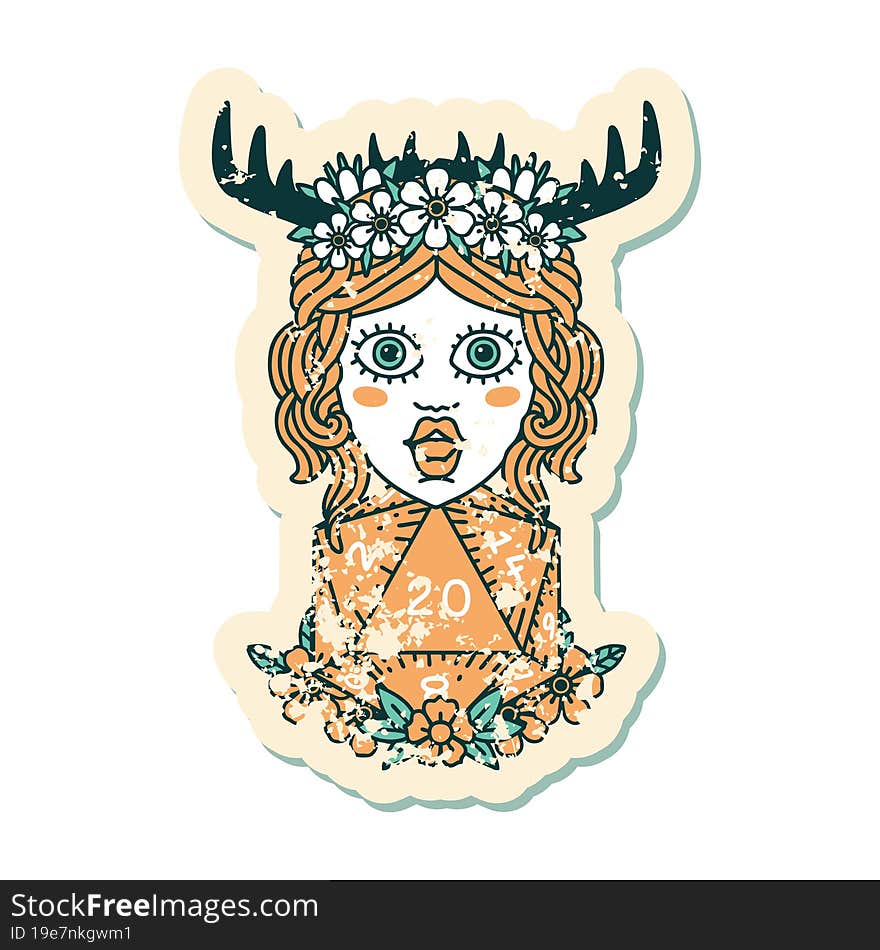 human druid with natural twenty dice roll grunge sticker