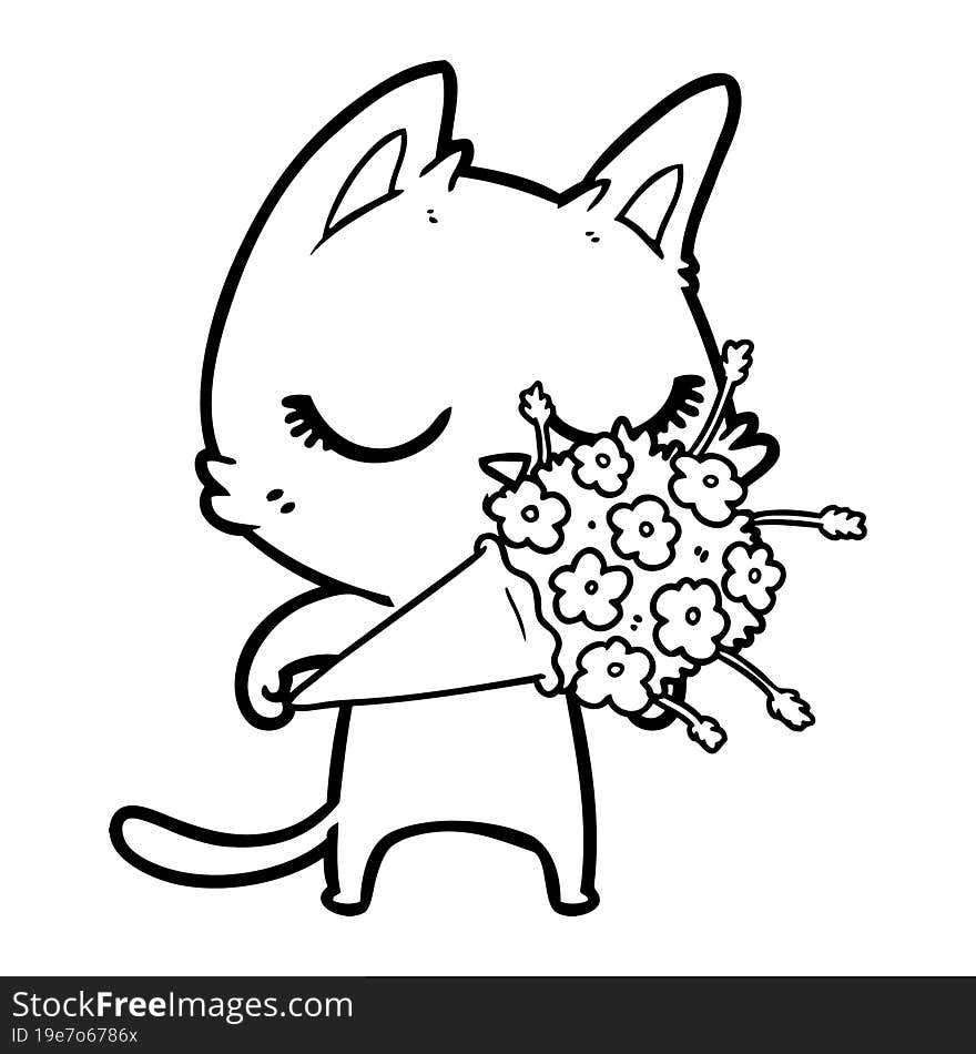 calm cartoon cat with flowers. calm cartoon cat with flowers