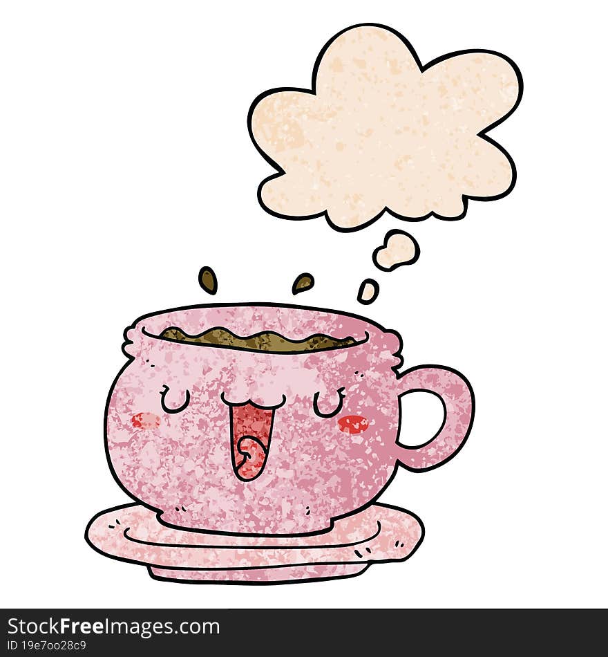 Cute Cartoon Cup And Saucer And Thought Bubble In Grunge Texture Pattern Style