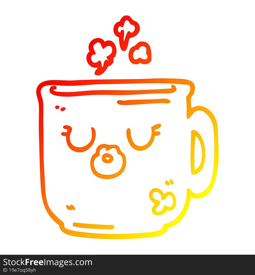 warm gradient line drawing of a cartoon hot coffee mug