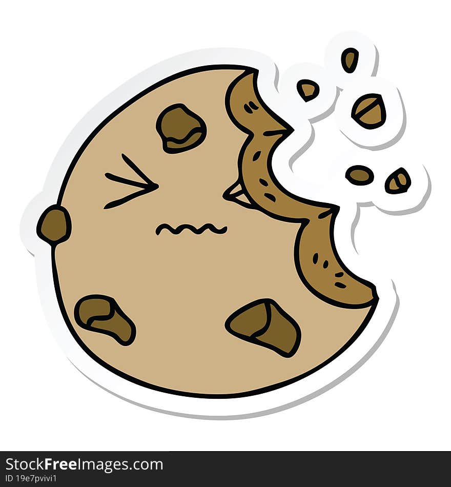 sticker of a quirky hand drawn cartoon munched cookie