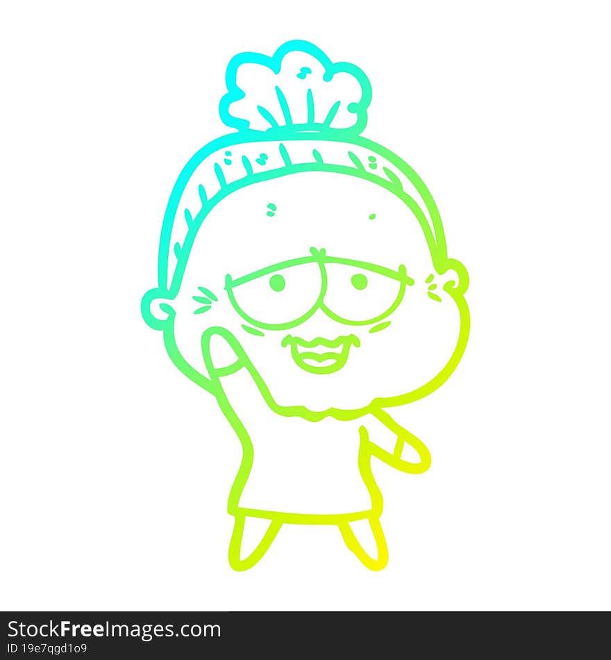 cold gradient line drawing of a cartoon happy old lady