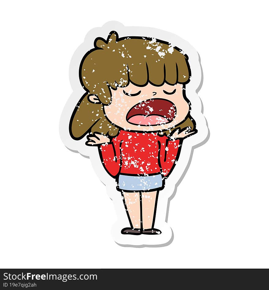 distressed sticker of a cartoon woman talking loudly