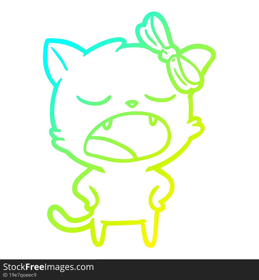 Cold Gradient Line Drawing Cartoon Yawning Cat