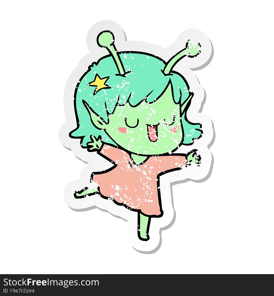 distressed sticker of a happy alien girl cartoon