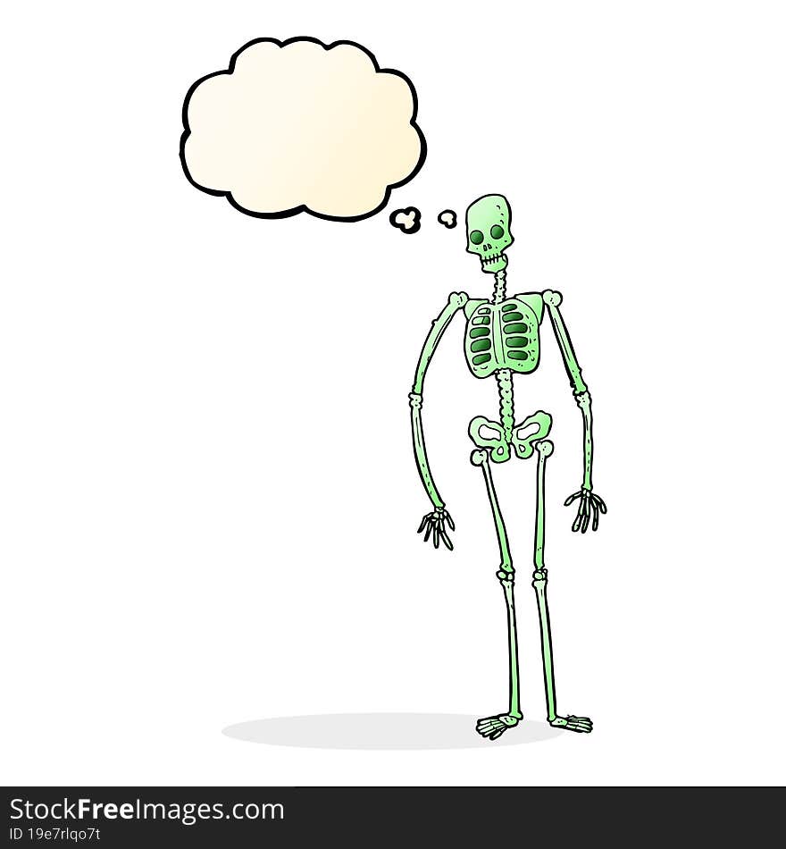 cartoon spooky skeleton with thought bubble