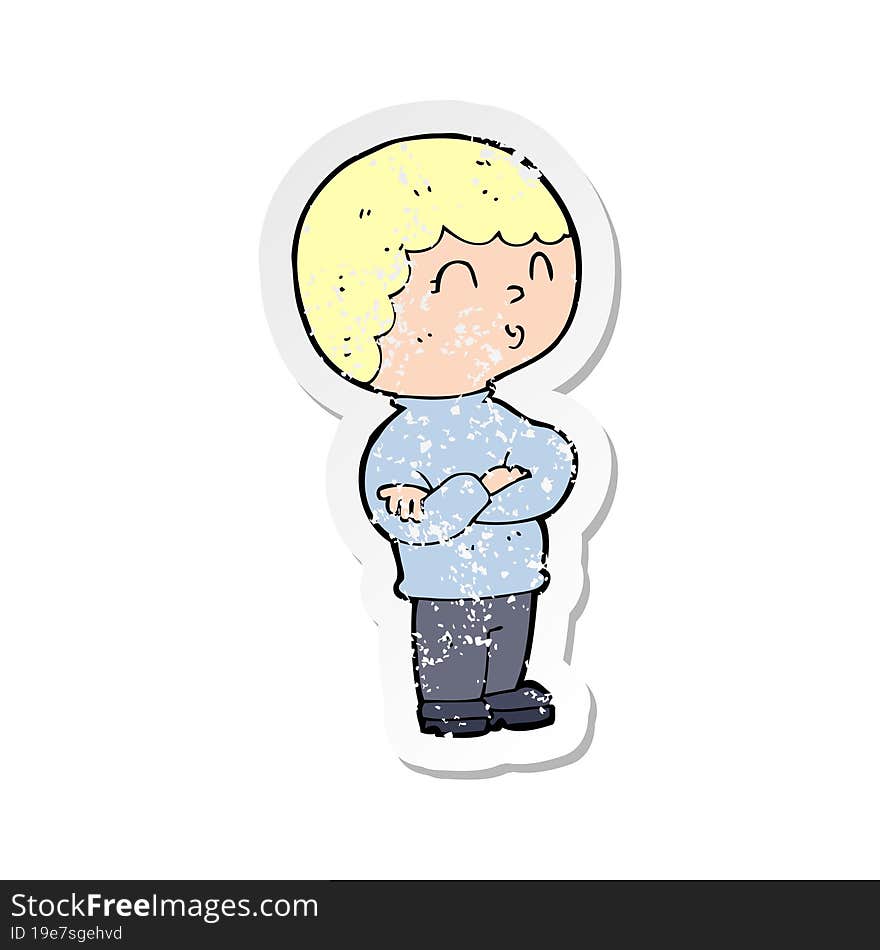 retro distressed sticker of a cartoon boy with folded arms