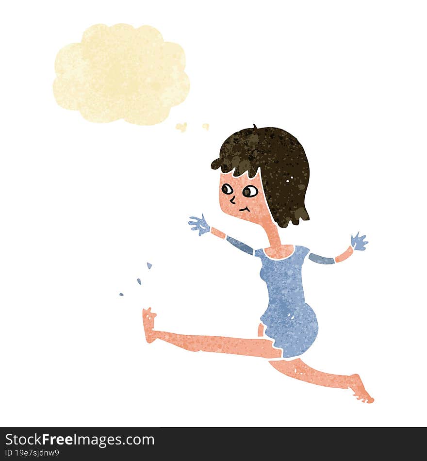 cartoon happy woman kicking with thought bubble