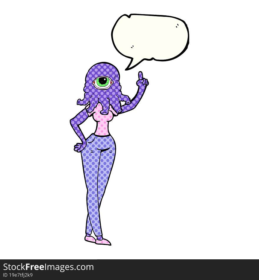 freehand drawn comic book speech bubble cartoon female alien with raised hand