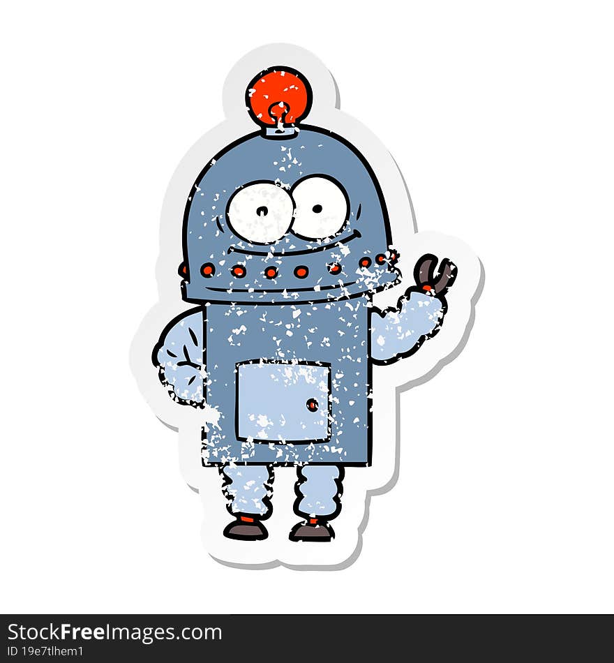 Distressed Sticker Of A Happy Carton Robot With Light Bulb