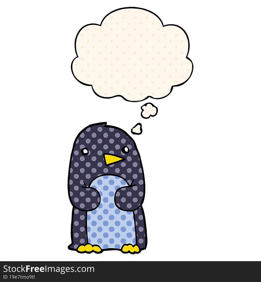 cartoon penguin and thought bubble in comic book style