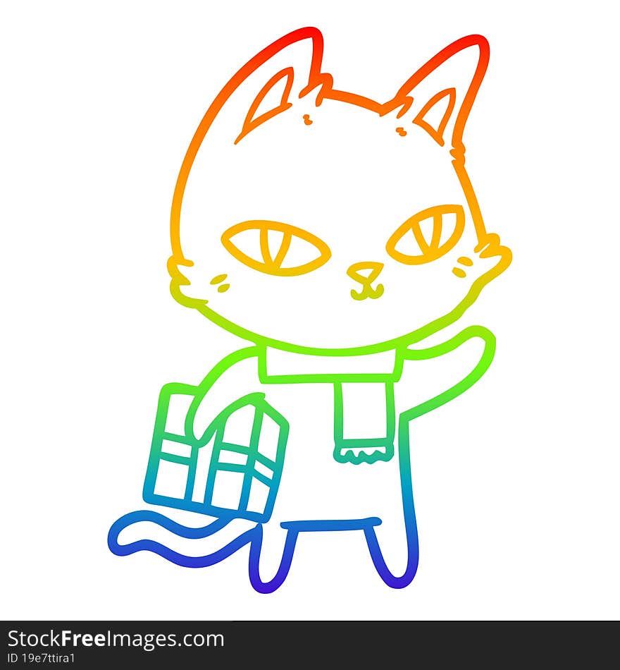 rainbow gradient line drawing cartoon cat with gift