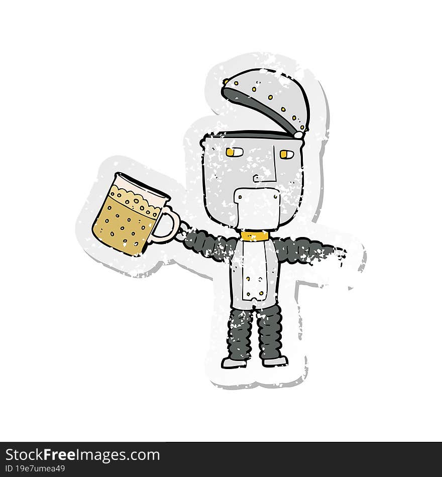 retro distressed sticker of a cartoon robot drinking beer