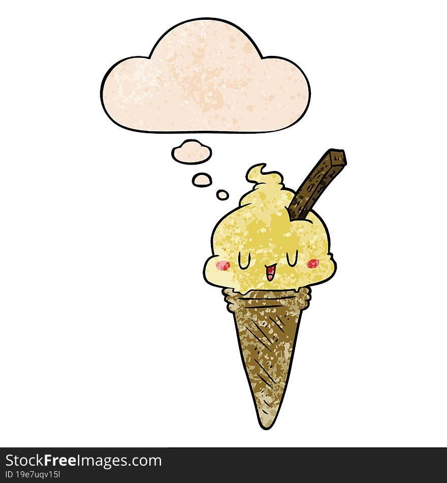 cute cartoon ice cream and thought bubble in grunge texture pattern style