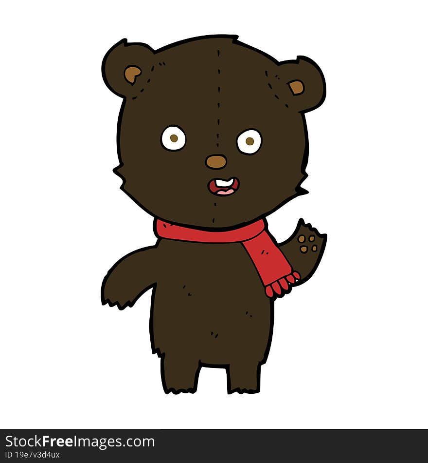 cartoon waving black bear cub with scarf