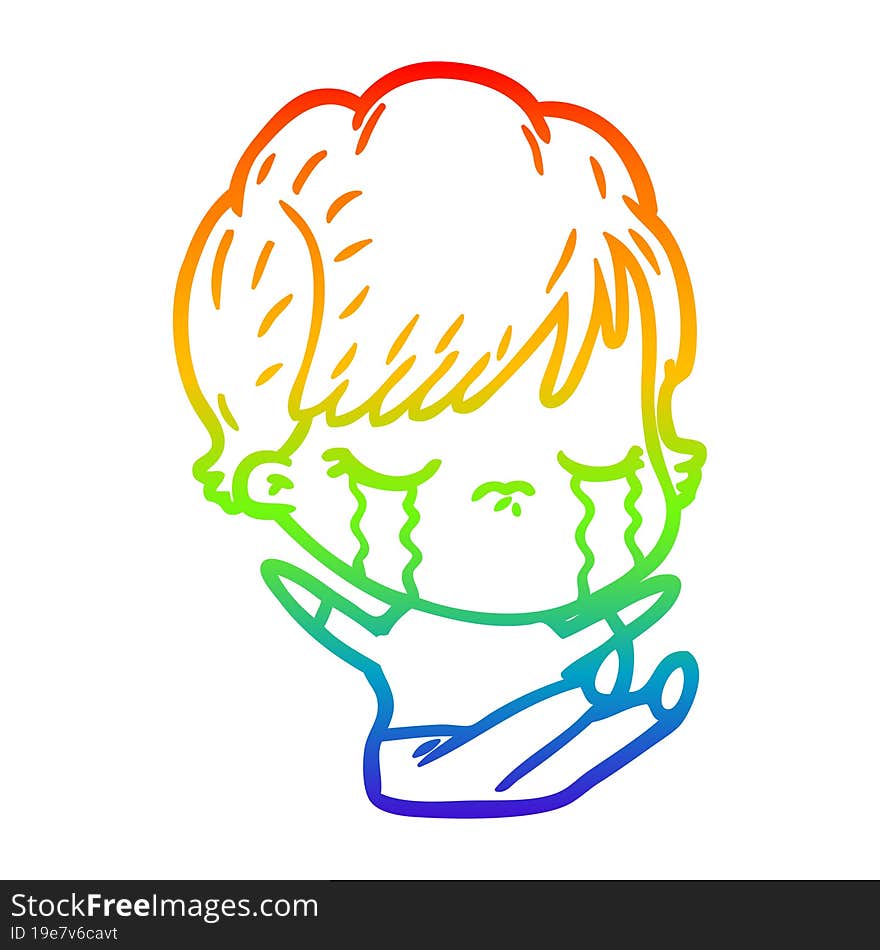 rainbow gradient line drawing of a cartoon woman crying