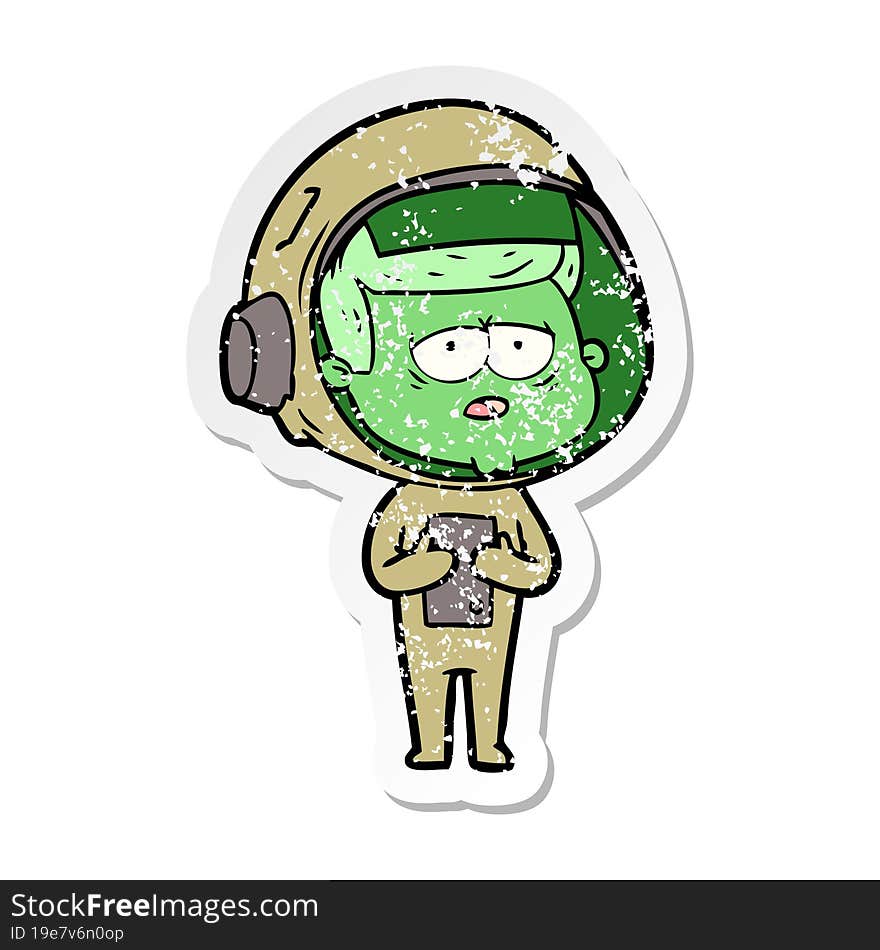 distressed sticker of a cartoon tired astronaut