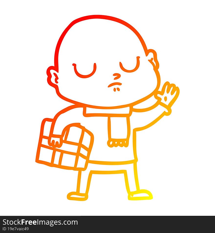 Warm Gradient Line Drawing Cartoon Bald Man With Xmas Gift