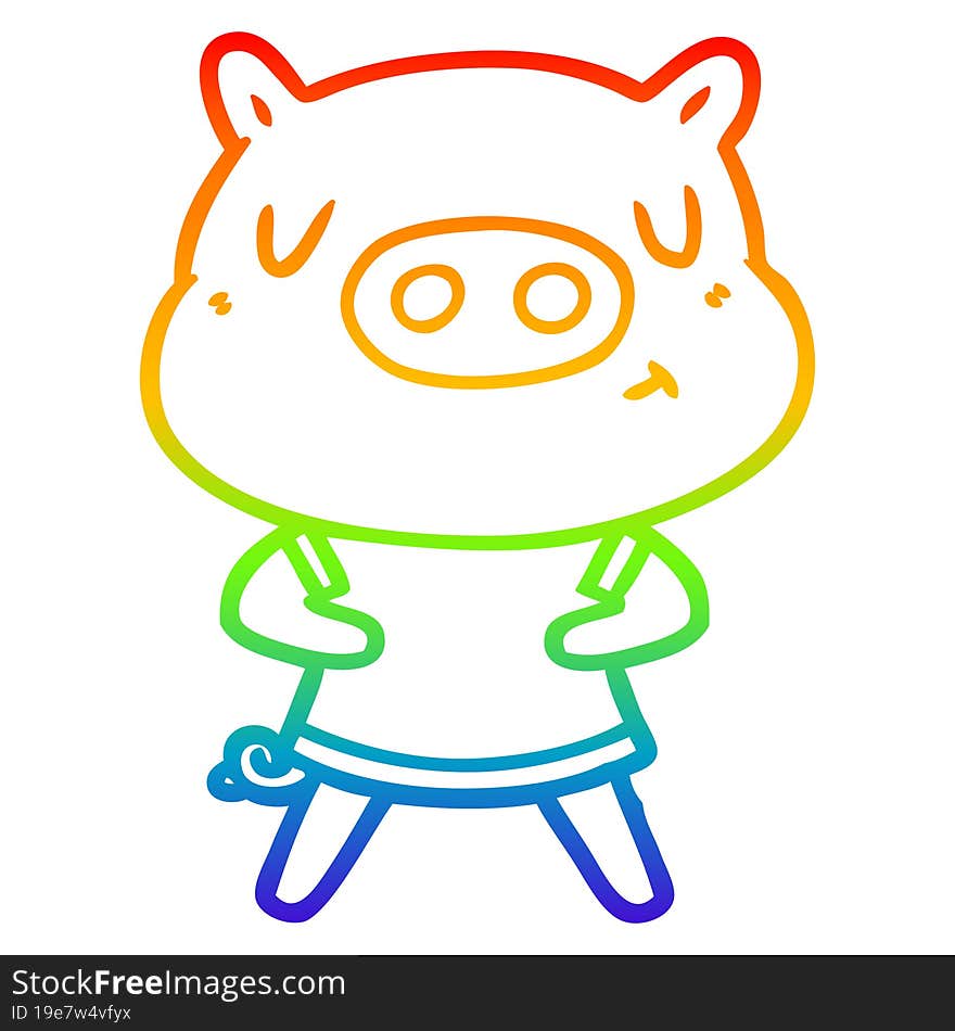 rainbow gradient line drawing cartoon content pig wearing t shirt