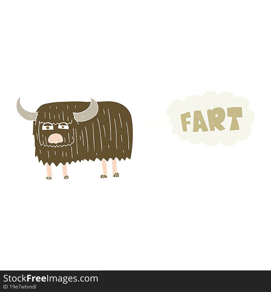 flat color illustration of a cartoon hairy cow farting