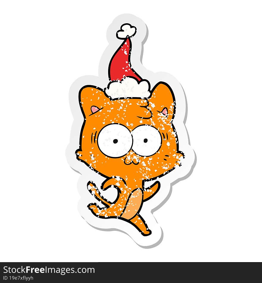 distressed sticker cartoon of a surprised cat running wearing santa hat