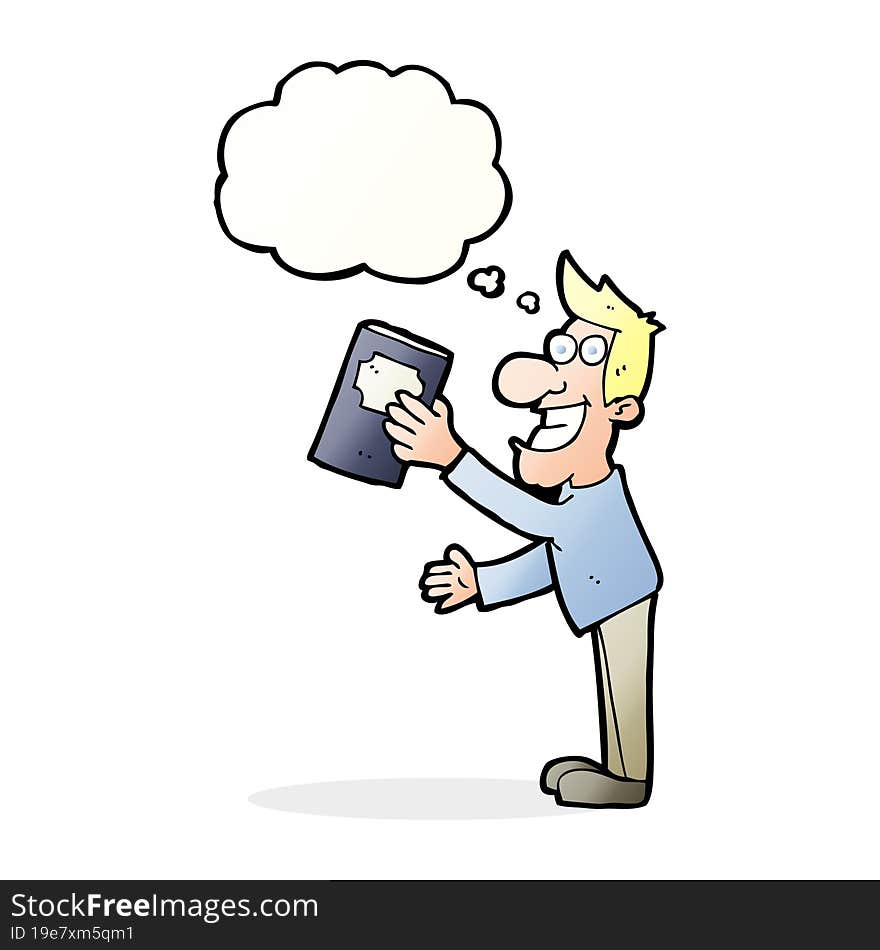 cartoon man with book with thought bubble