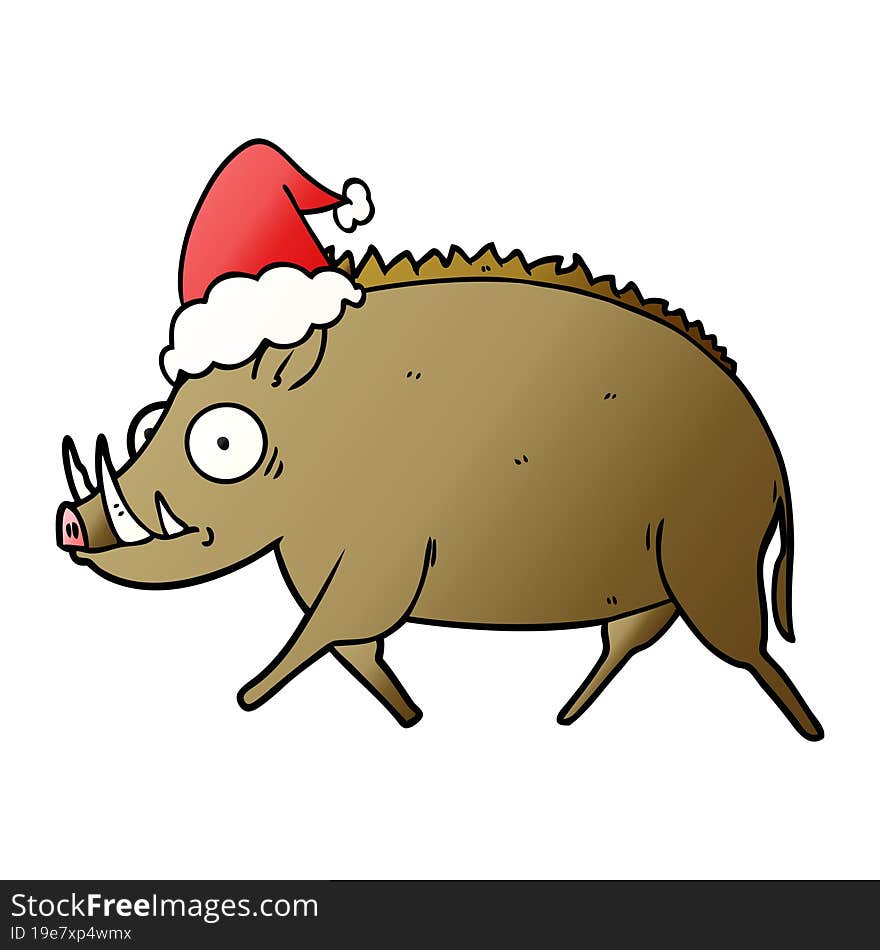 hand drawn gradient cartoon of a wild boar wearing santa hat