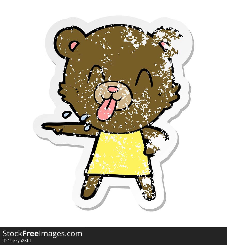 distressed sticker of a rude cartoon bear pointing