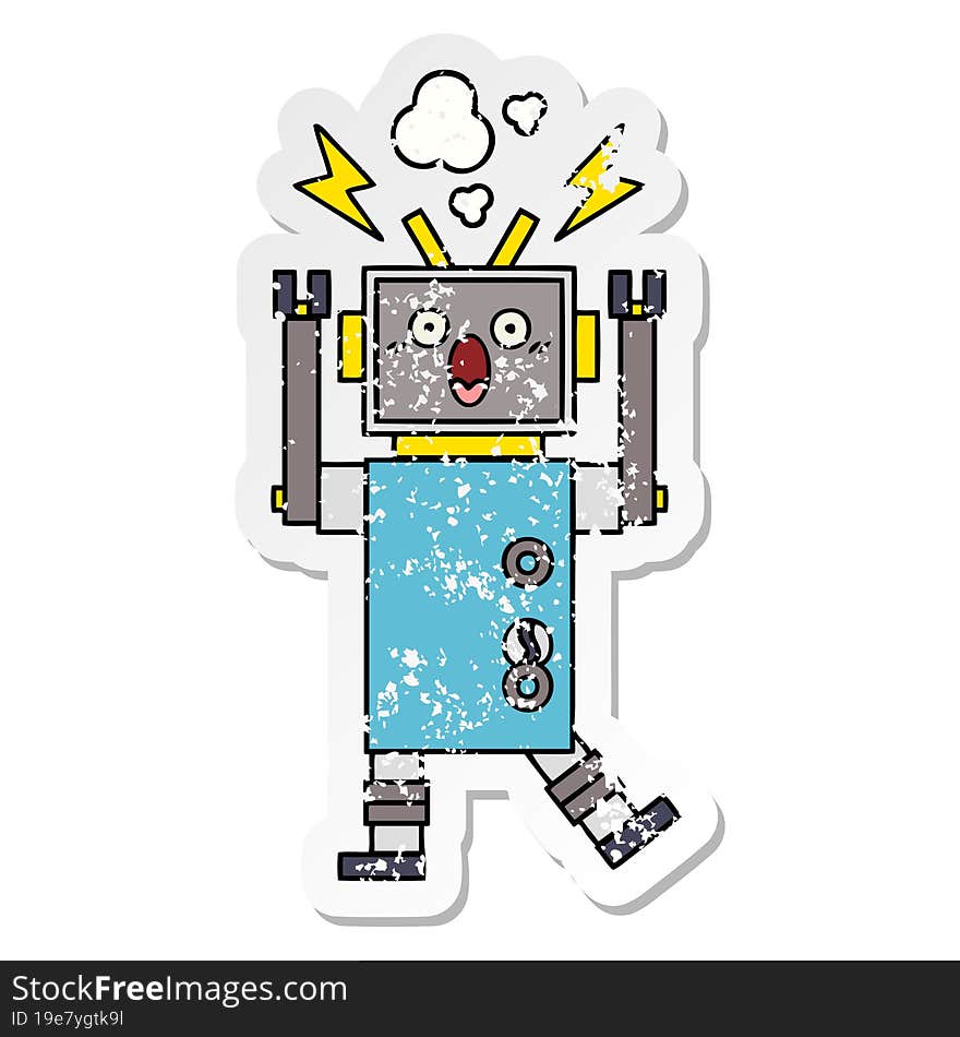 distressed sticker of a cute cartoon malfunctioning robot