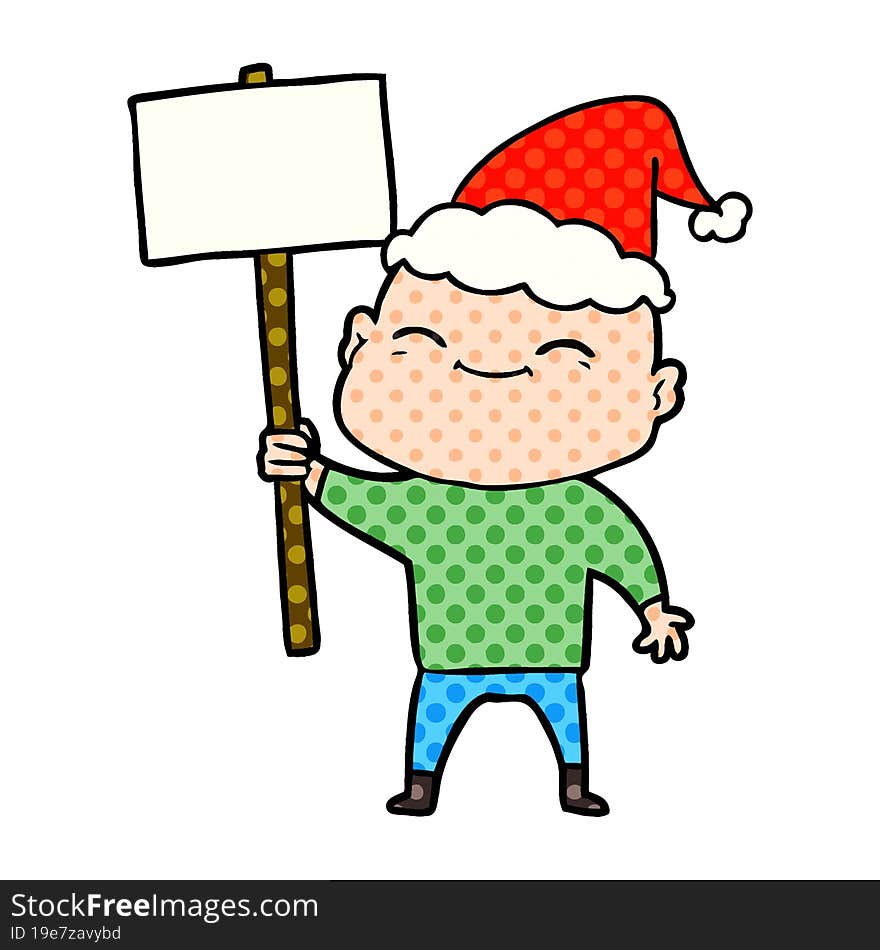 happy comic book style illustration of a bald man wearing santa hat