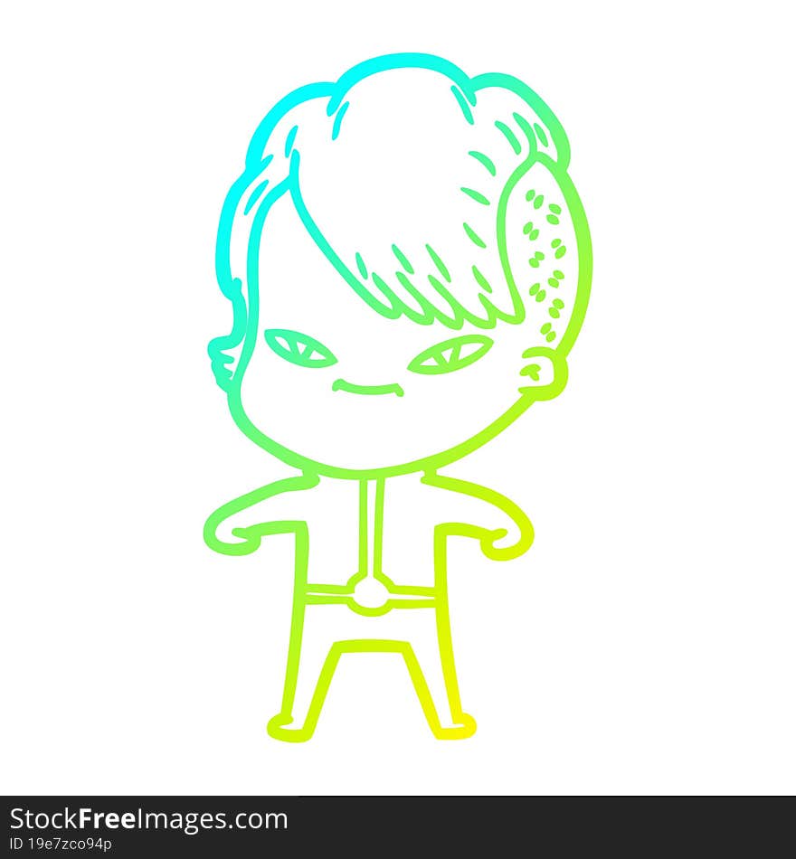 cold gradient line drawing cute cartoon girl with hipster haircut