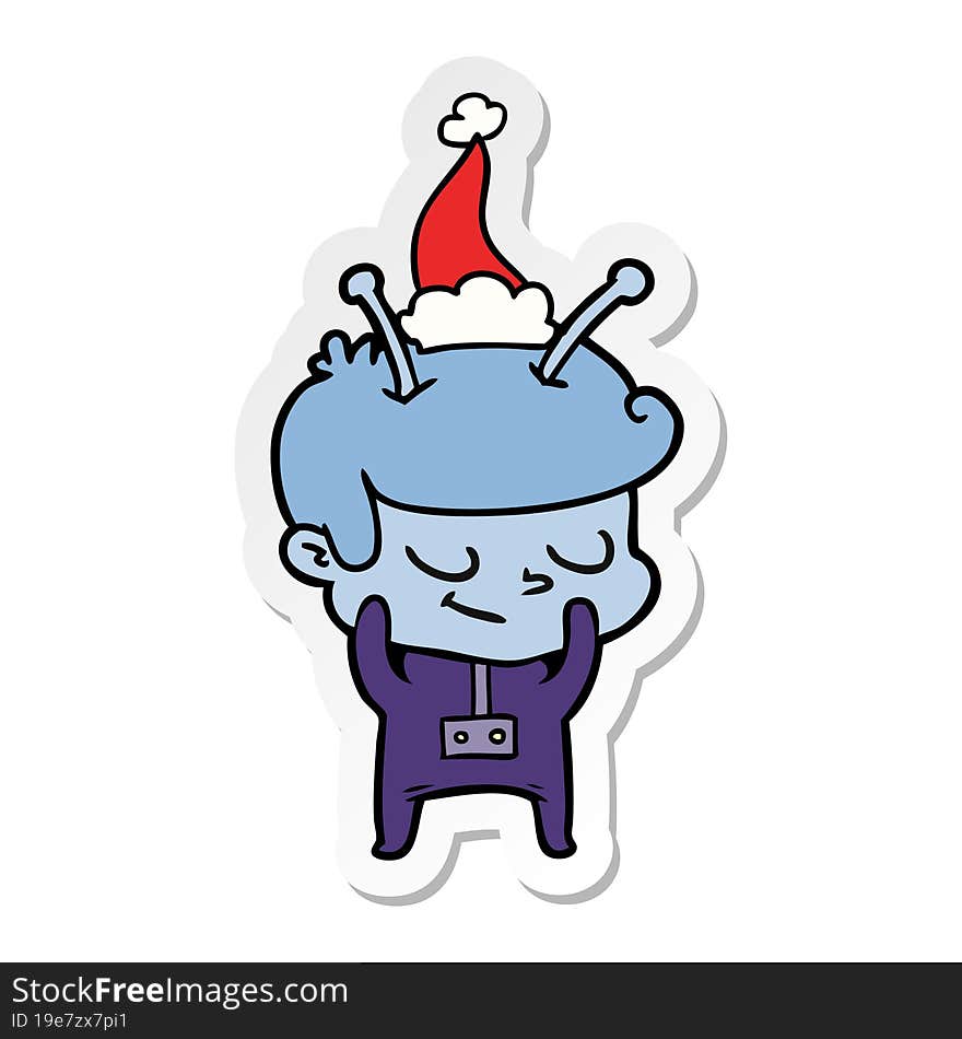 shy hand drawn sticker cartoon of a spaceman wearing santa hat. shy hand drawn sticker cartoon of a spaceman wearing santa hat