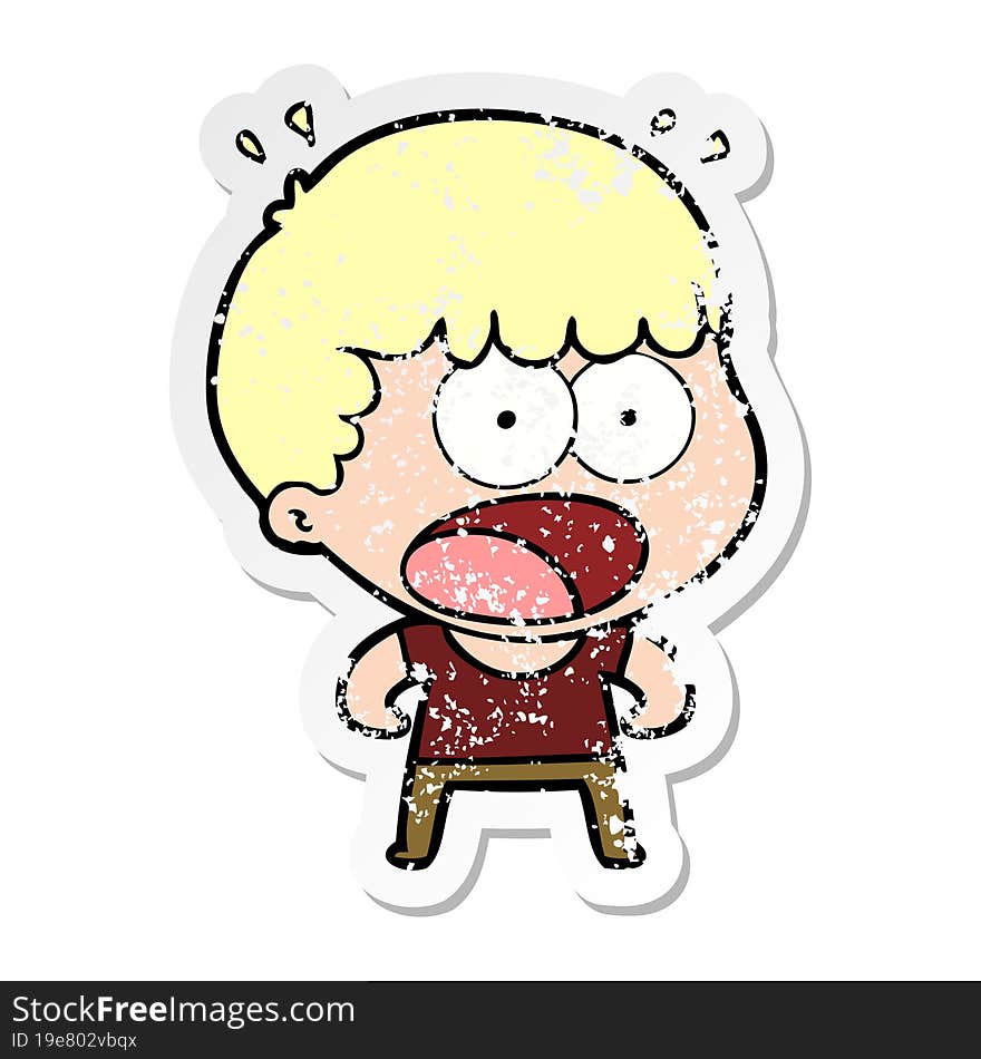 distressed sticker of a cartoon shocked man