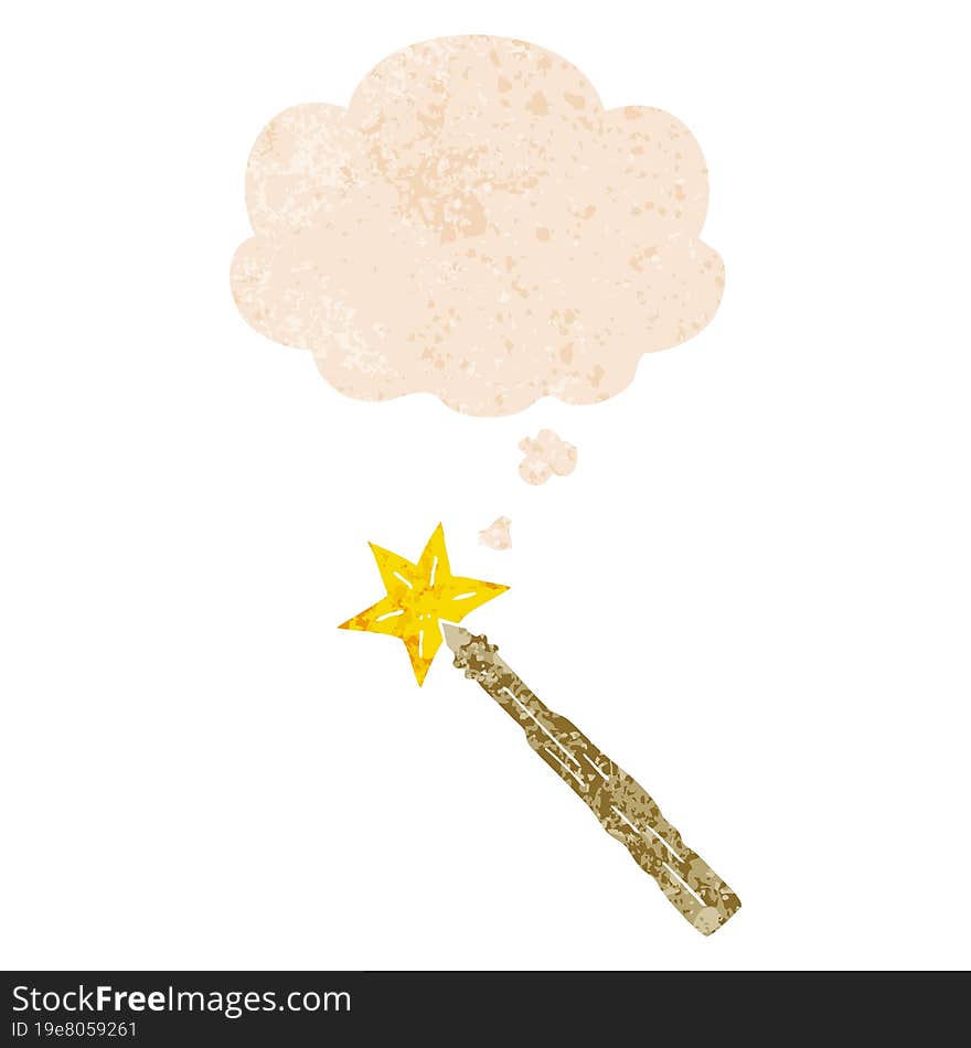 cartoon magic wand and thought bubble in retro textured style