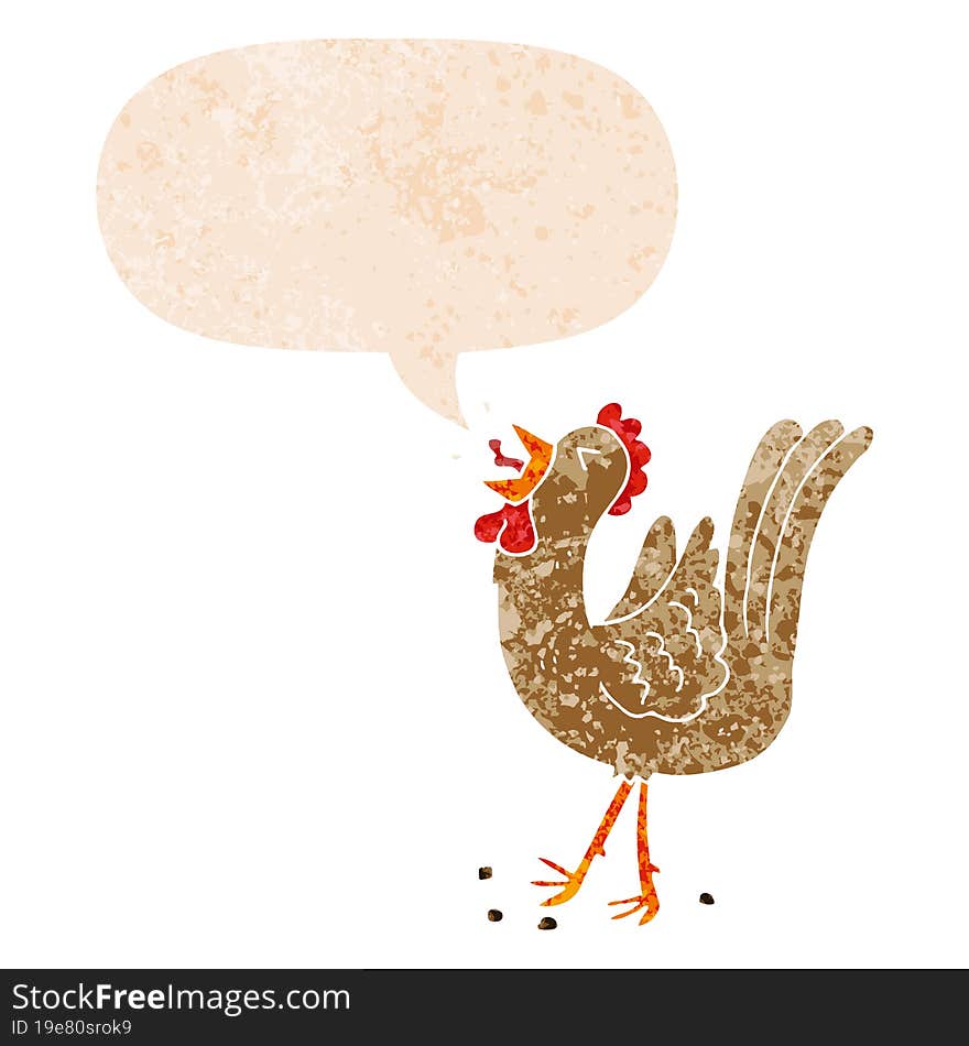 cartoon crowing cockerel and speech bubble in retro textured style