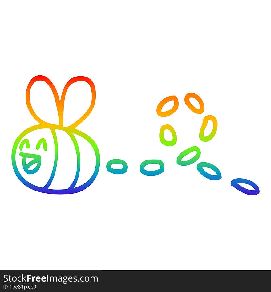 rainbow gradient line drawing of a cartoon buzzing bee