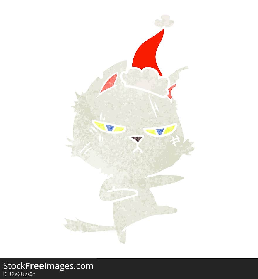 tough retro cartoon of a cat wearing santa hat