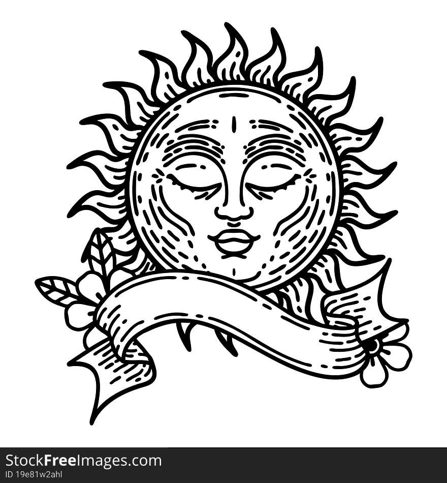 black linework tattoo with banner of a sun