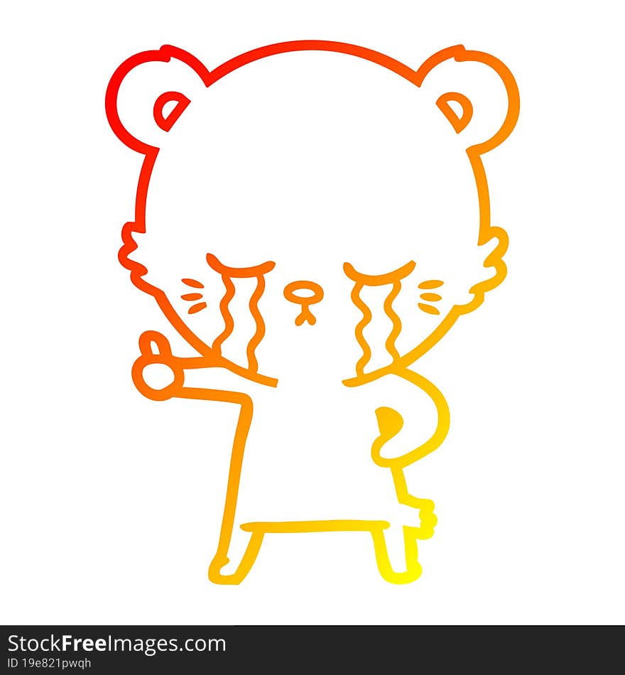 Warm Gradient Line Drawing Crying Cartoon Bear Giving Thumbs Up