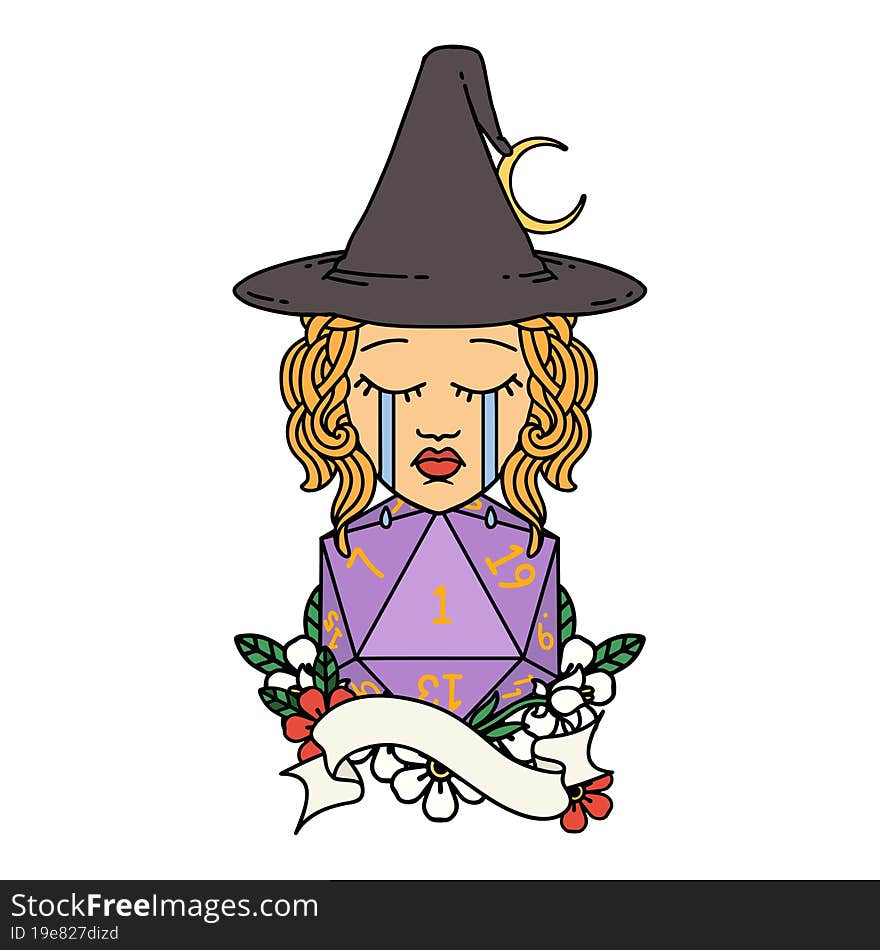 Retro Tattoo Style human witch with natural one D20 roll. Retro Tattoo Style human witch with natural one D20 roll