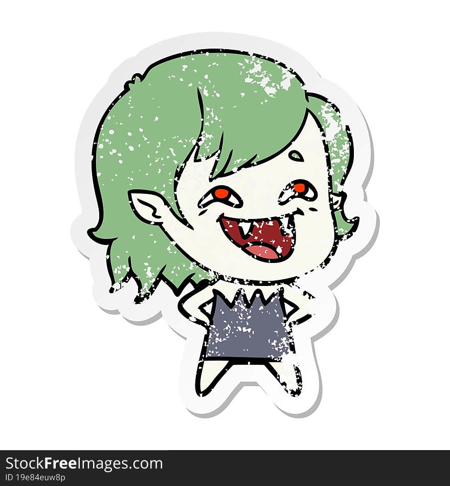 distressed sticker of a cartoon laughing vampire girl