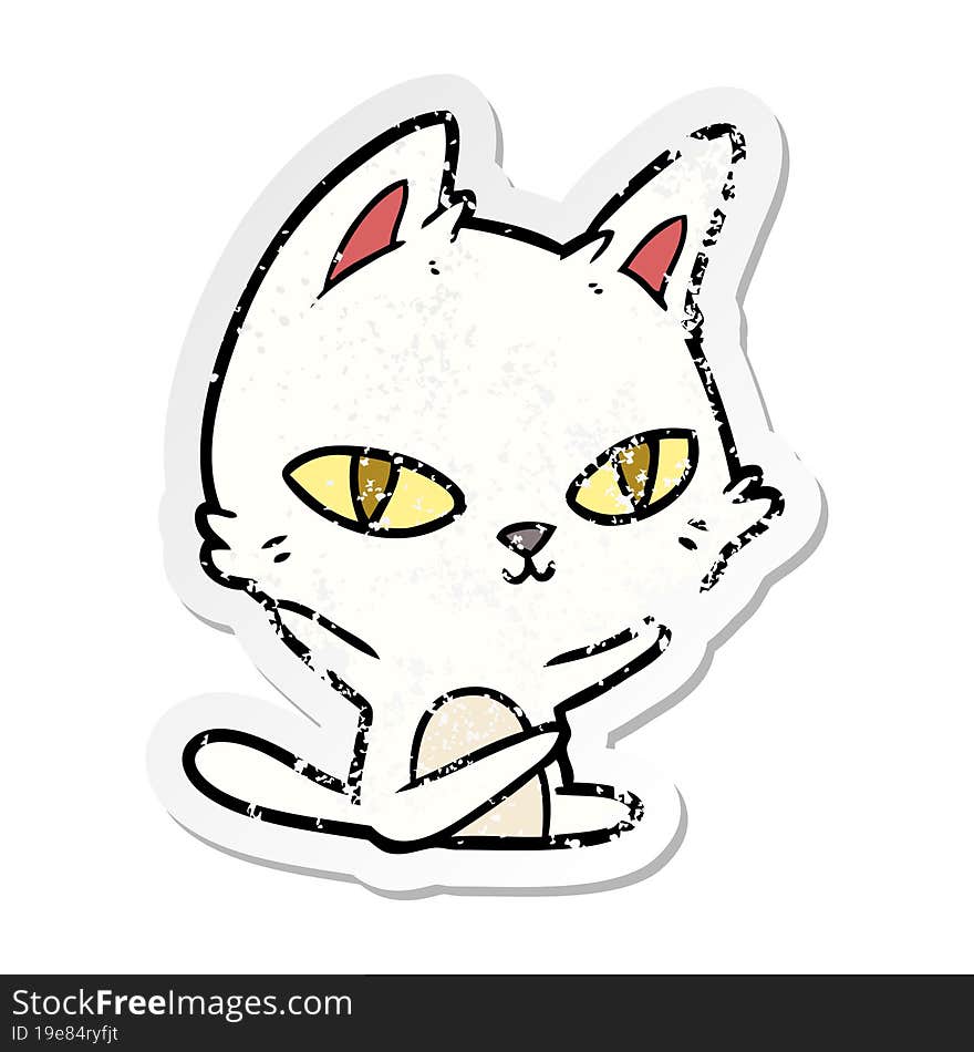 distressed sticker of a cartoon cat staring