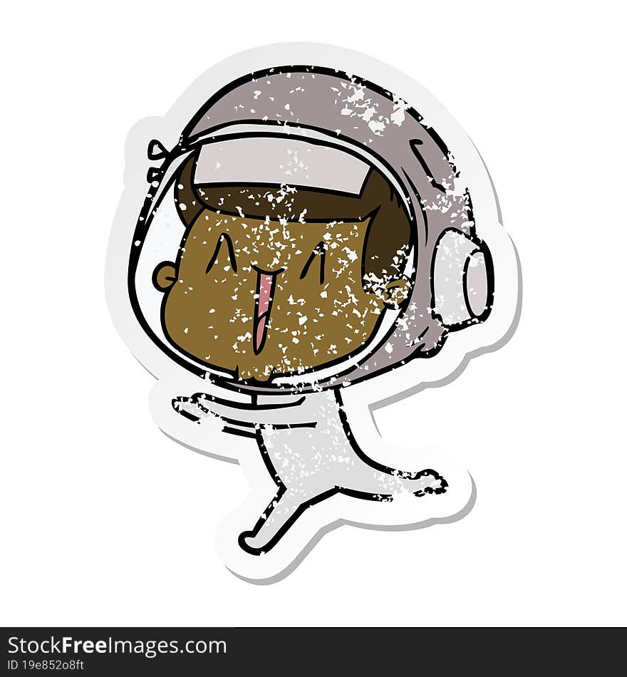 distressed sticker of a happy cartoon astronaut running