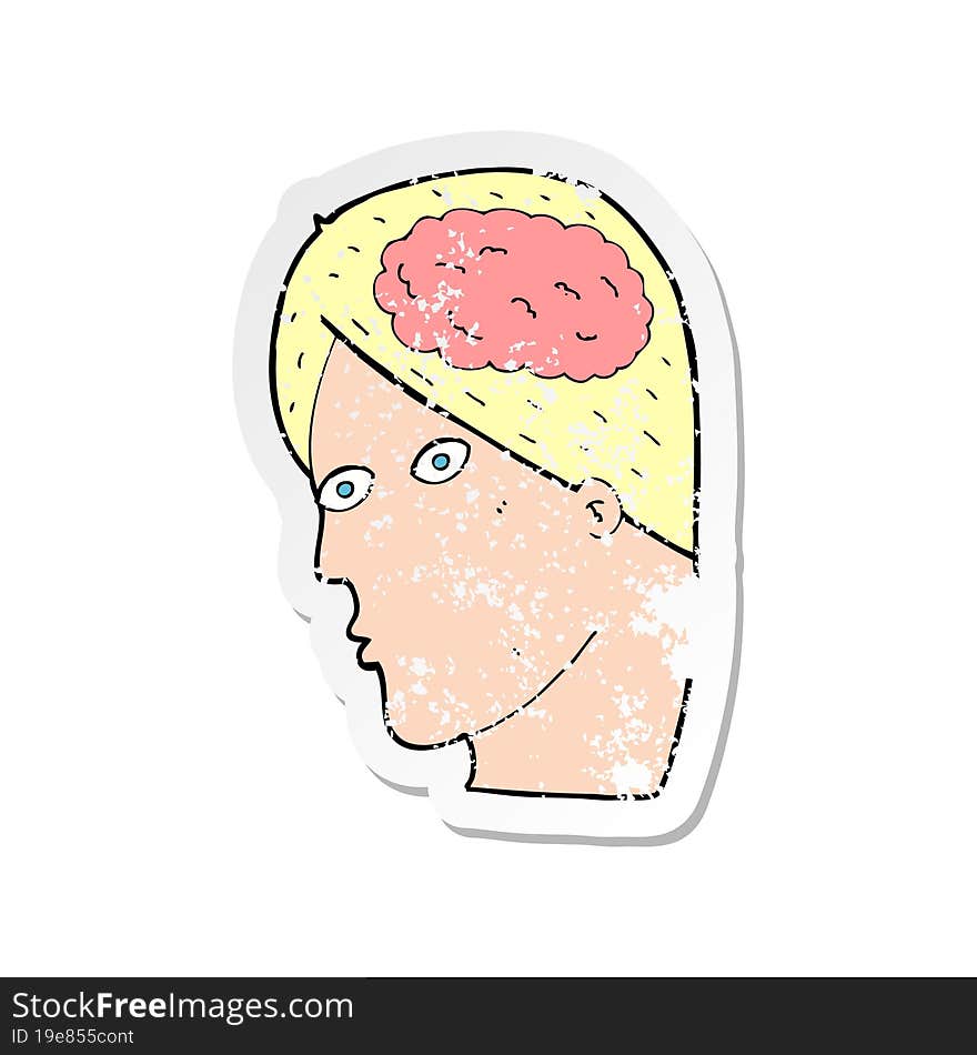 retro distressed sticker of a cartoon head with brain symbol