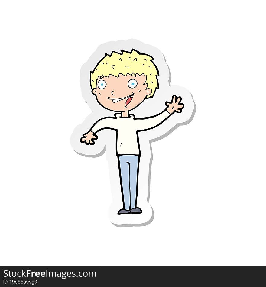 sticker of a cartoon happy boy waving