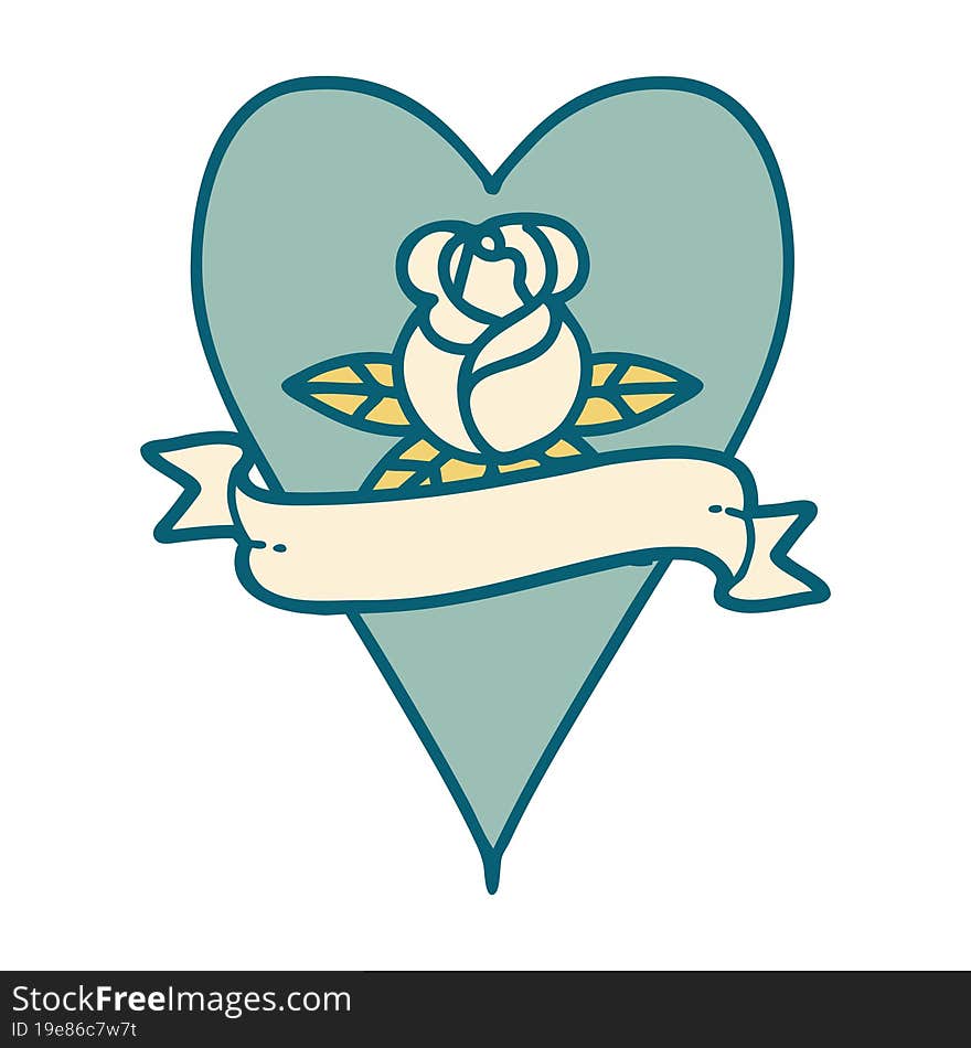 tattoo style icon of a heart rose and banner